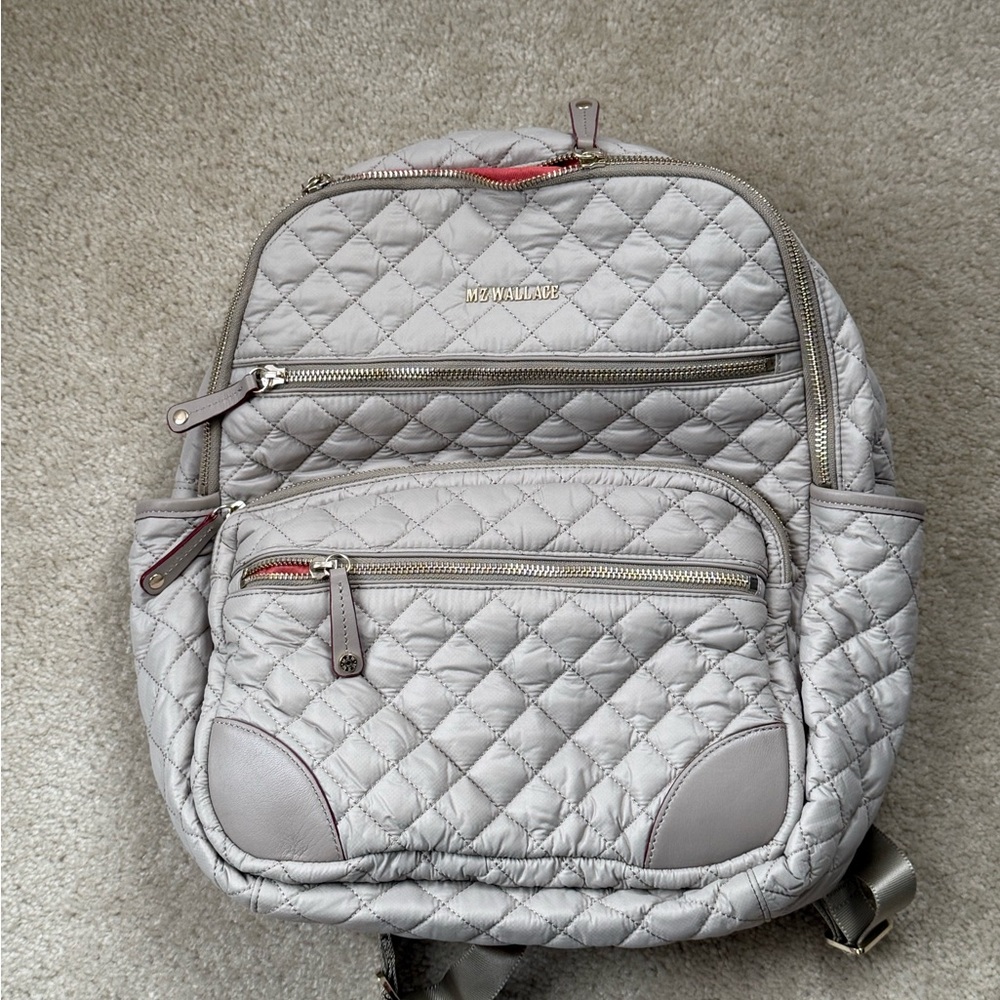 MZ Wallace Quilted Light Gray/Pearl Nylon Backpack